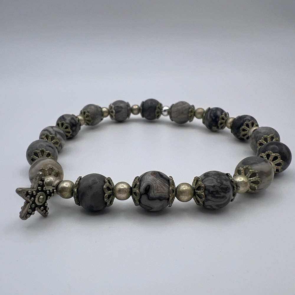 Grey Marbled Stone Bead Stretch Bracelet‎ with Silver Star Charm Boho Celestial